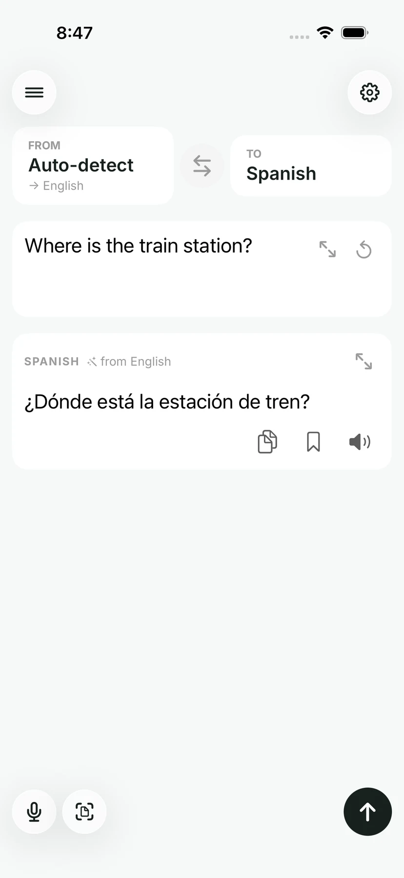 Offlinguo translating “Where is the train station?” into Spanish