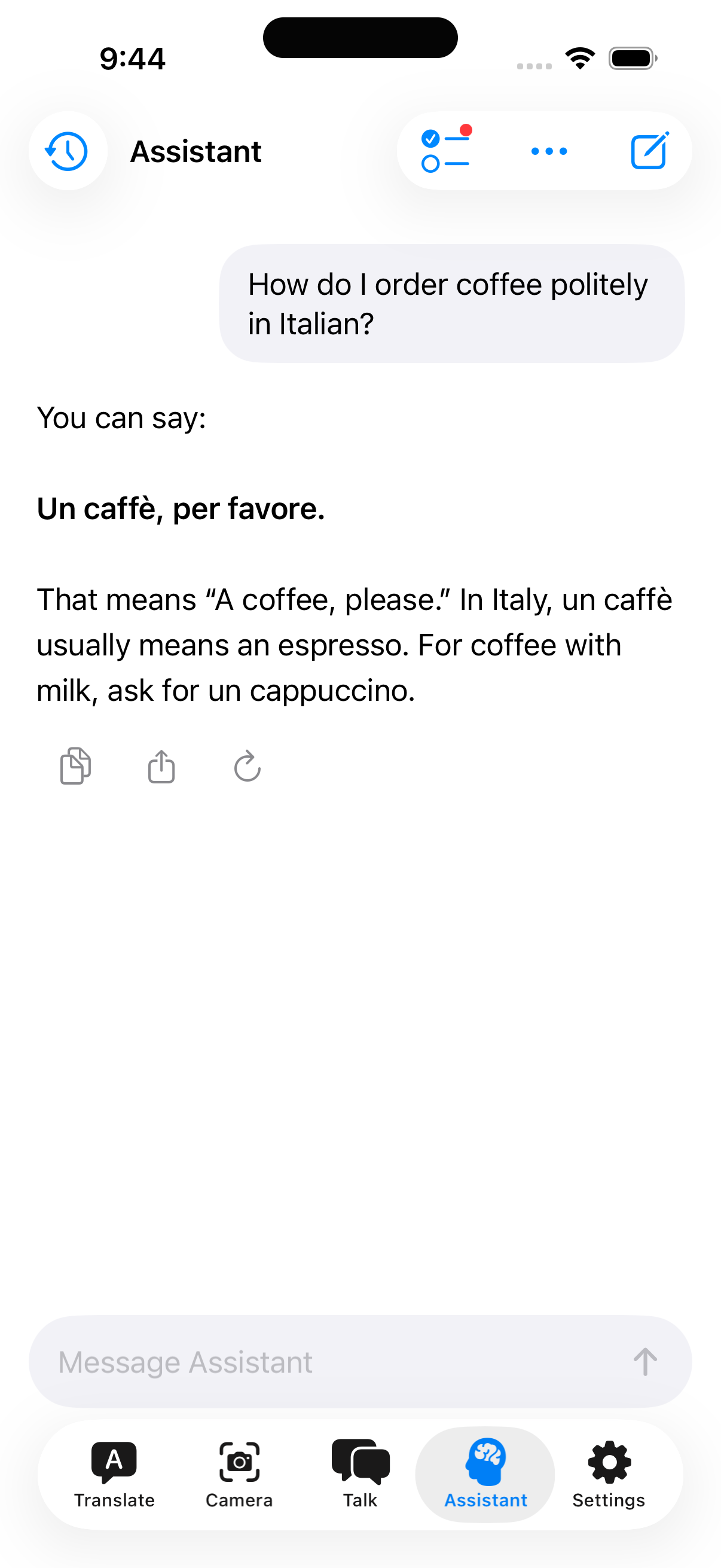 Offlinguo Assistant helping with a polite coffee order in Italian