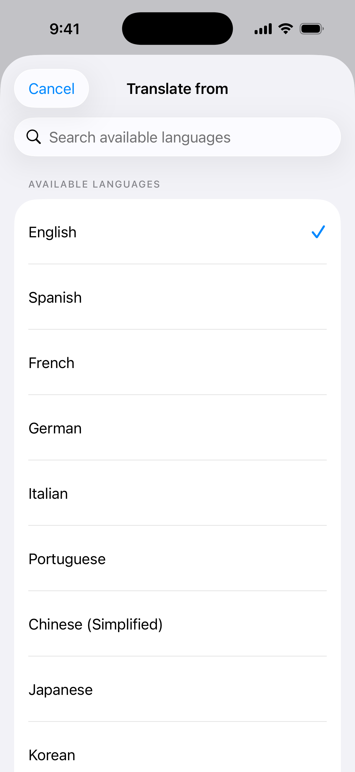 Offlinguo’s source-language picker showing English, Spanish, French, German, Italian, Portuguese, Chinese, Japanese and Korean
