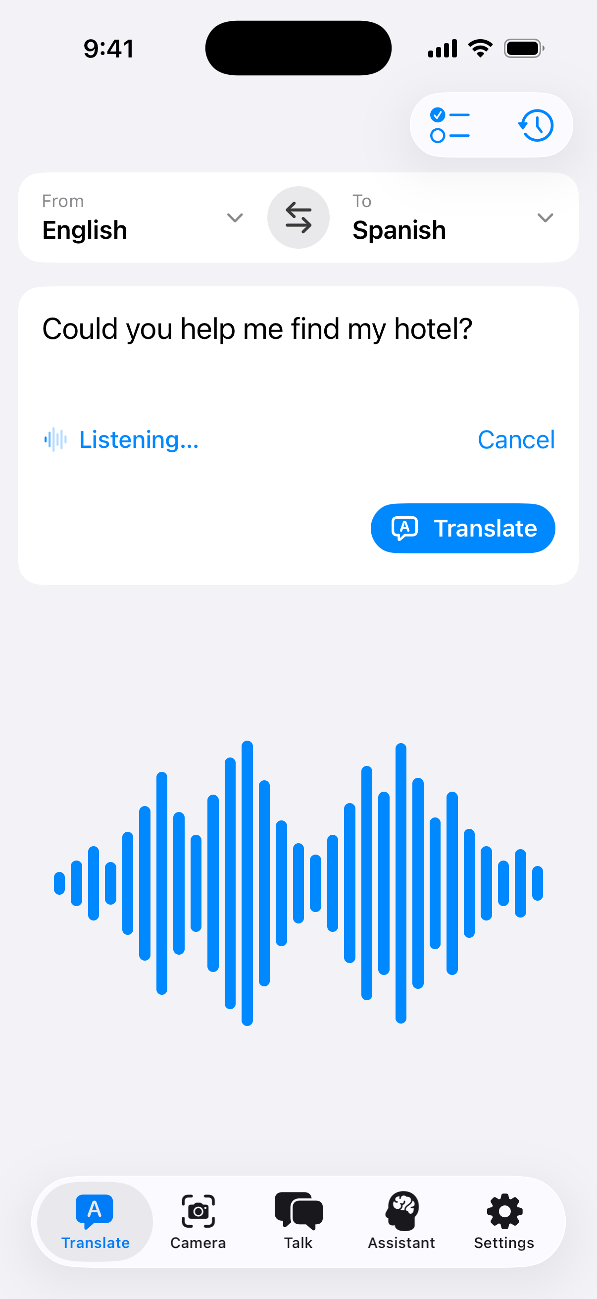 Offlinguo listening to ‘Could you help me find my hotel?’ with the storefront’s decorative blue waveform